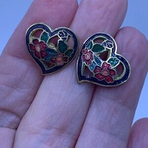 Vintage Cloisonné Enamel Heart Earrings